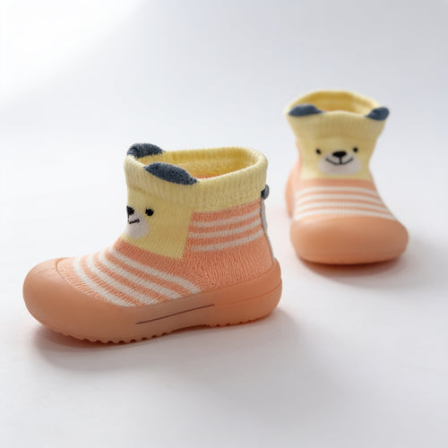 Chaussons chaussettes ourson - orange - vue de profil - Candy Bebe