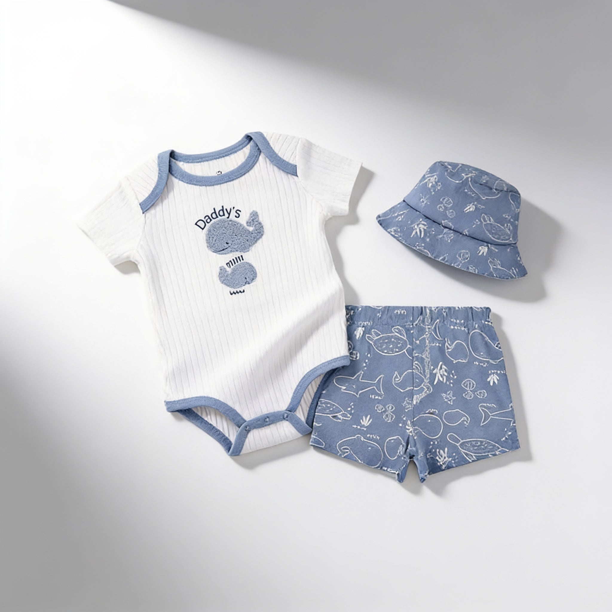 Ensemble 3 pieces body short et chapeau - vue produit - Candy Bebe