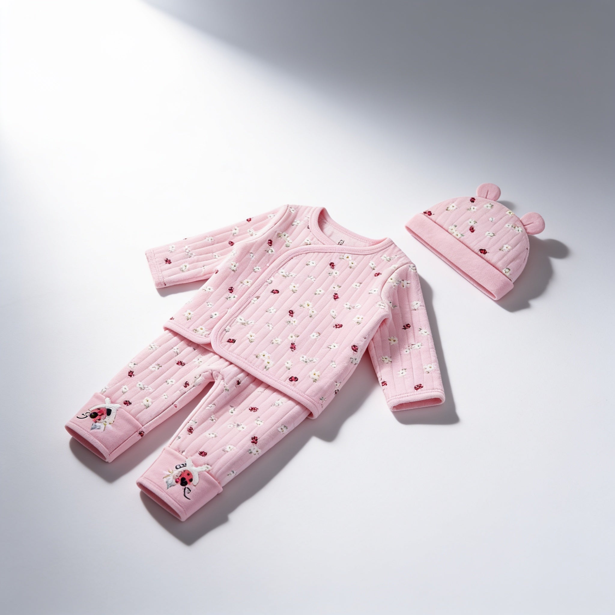 Ensemble 3 pieces matelasse avec bonnet - vue produit - Candy Bebe
