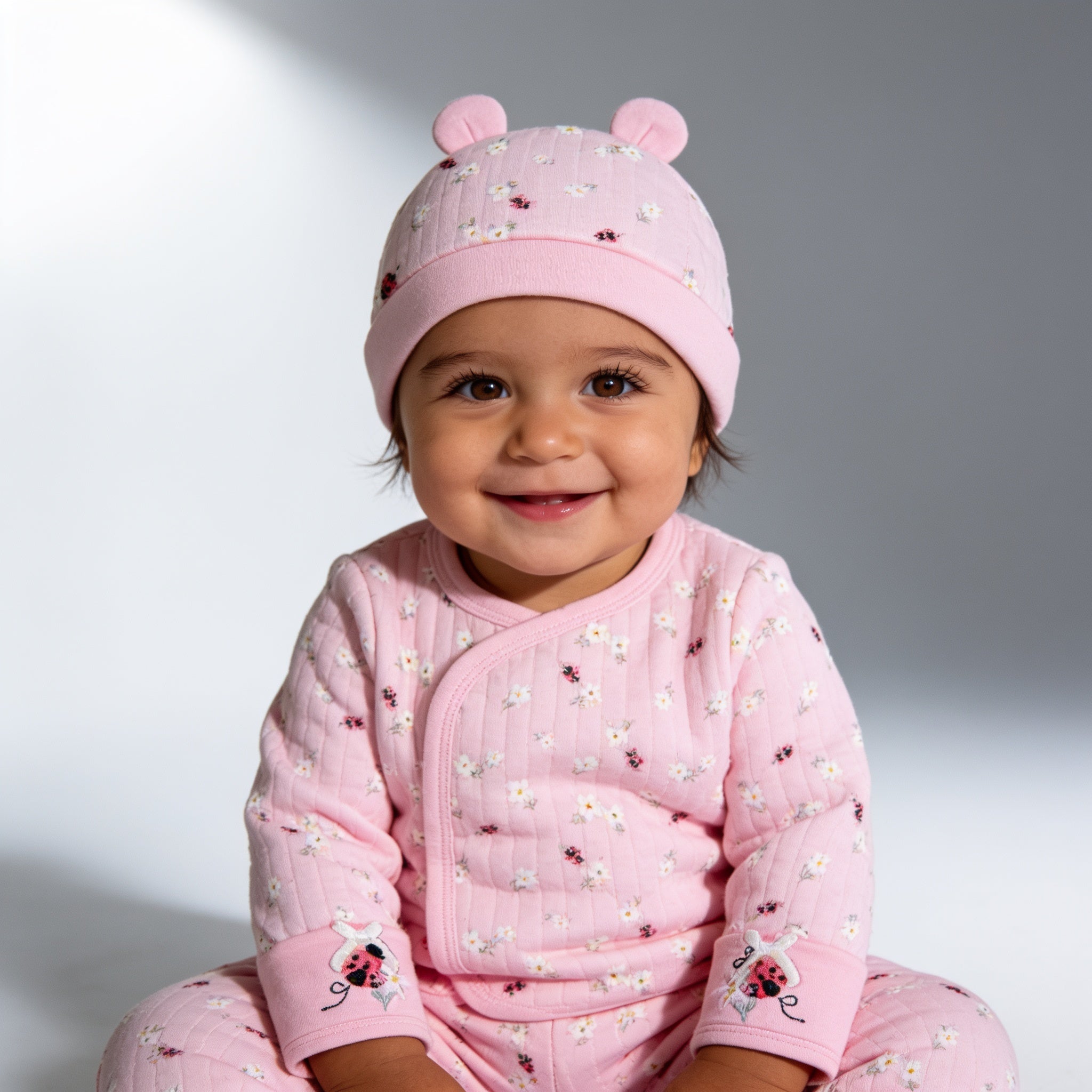 Ensemble 3 pieces matelasse avec bonnet - porte par un enfant - Candy Bebe