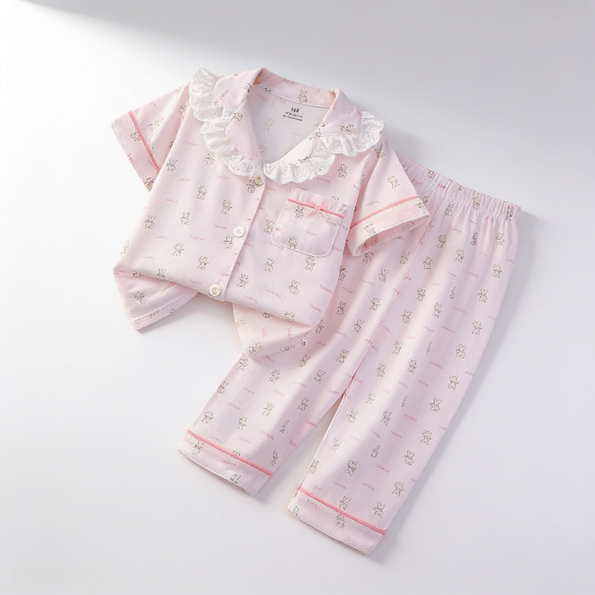 Pyjama enfant col dentelle - rose lapin - vue produit - Candy Bebe