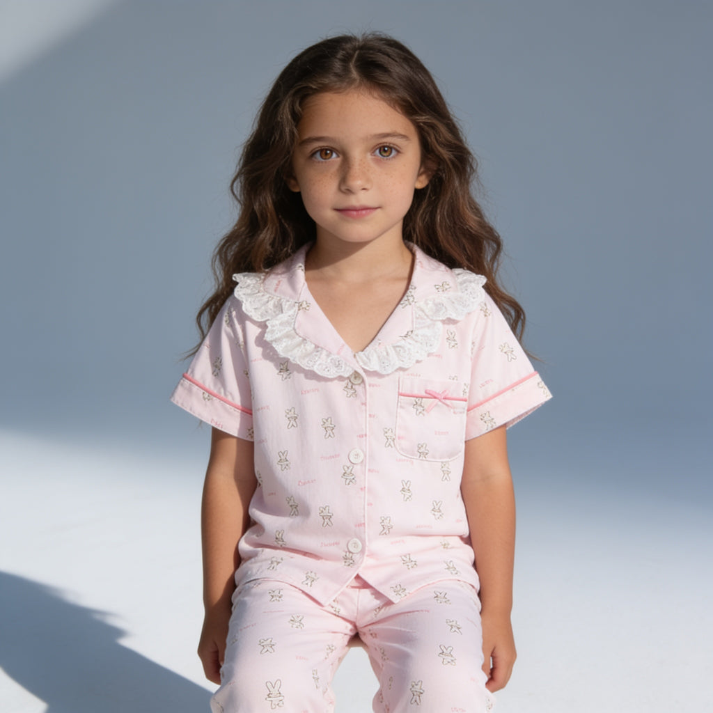 Pyjama enfant col dentelle - rose lapin - porte par un enfant - Candy Bebe