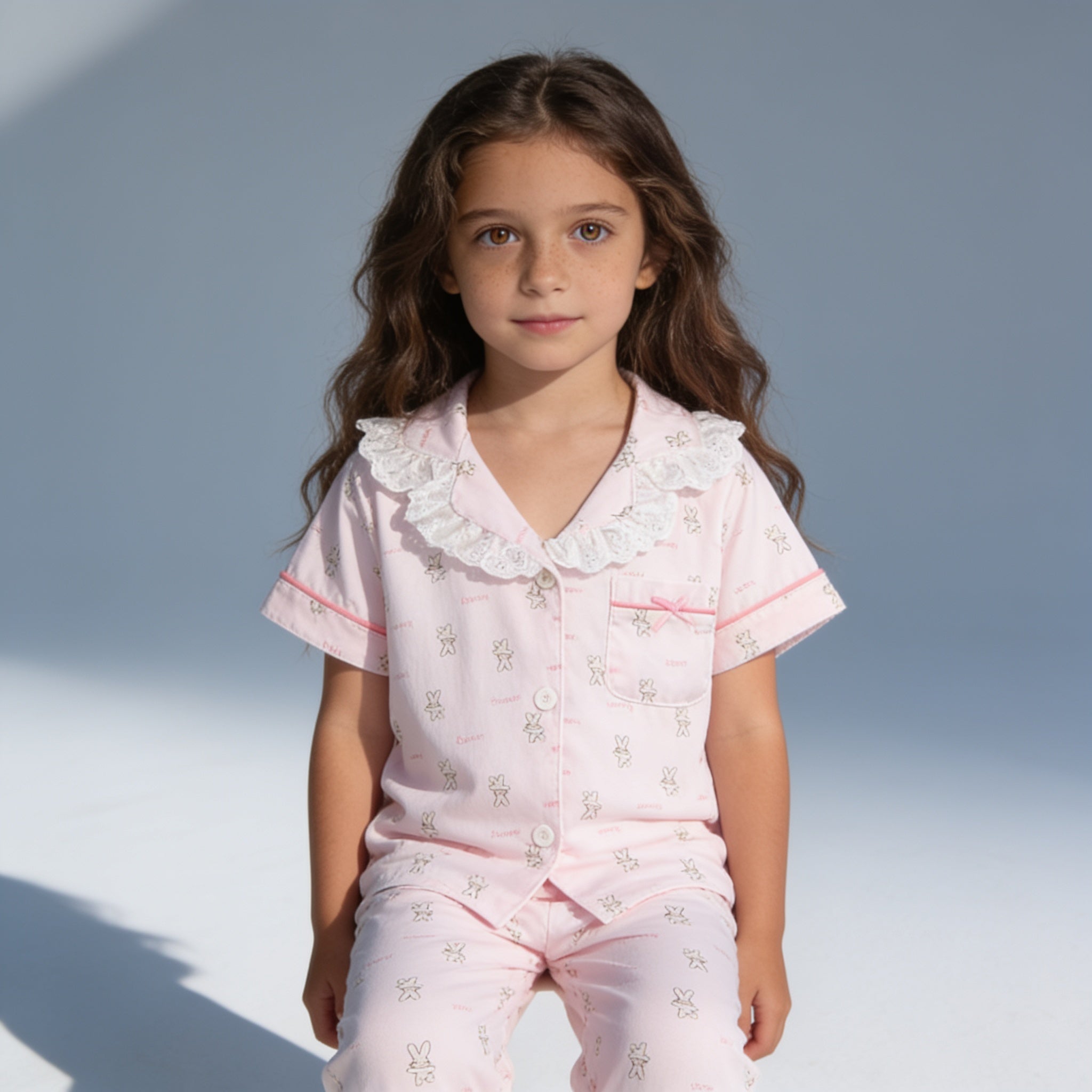 Pyjama enfant col dentelle - rose lapin - porte par un enfant - Candy Bebe
