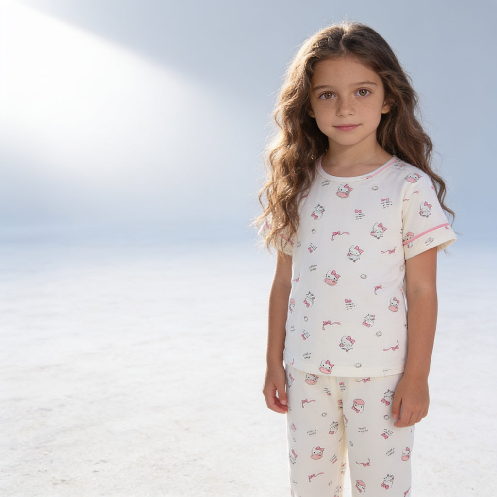 Pyjama enfant - creme chat rose - porte par un enfant - Candy Bebe