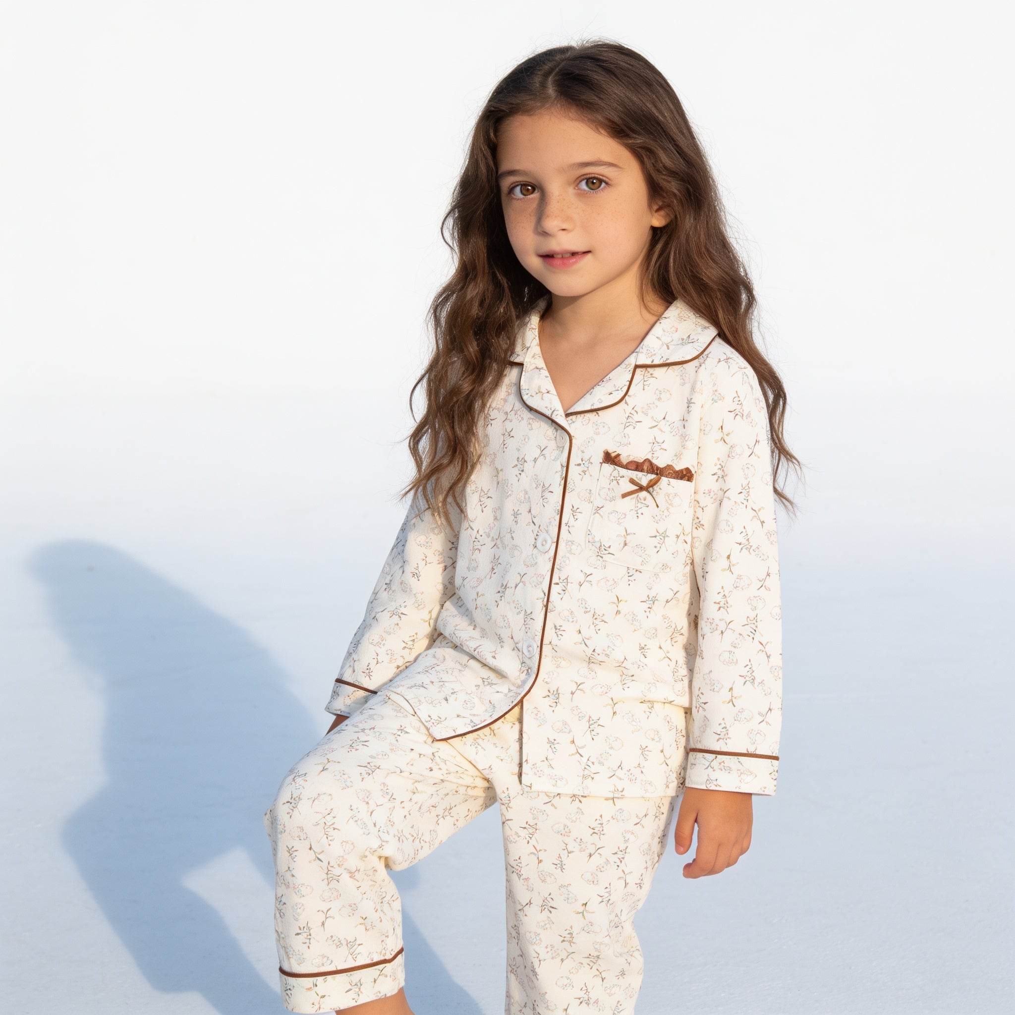 Pyjama enfant boutonne - creme fleuri - porte par un enfant - Candy Bebe