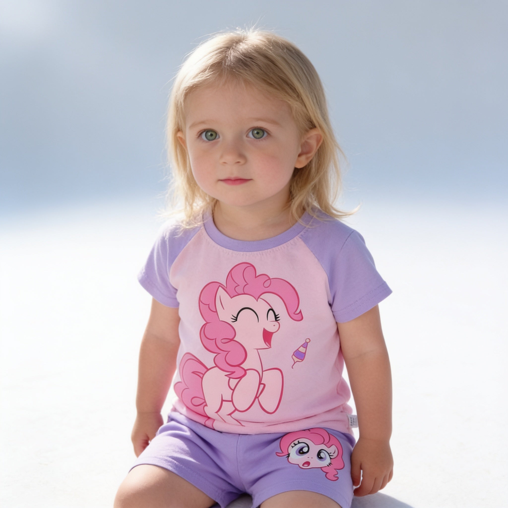 Ensemble pyjama court - rose poney - porte par un enfant - Candy Bebe