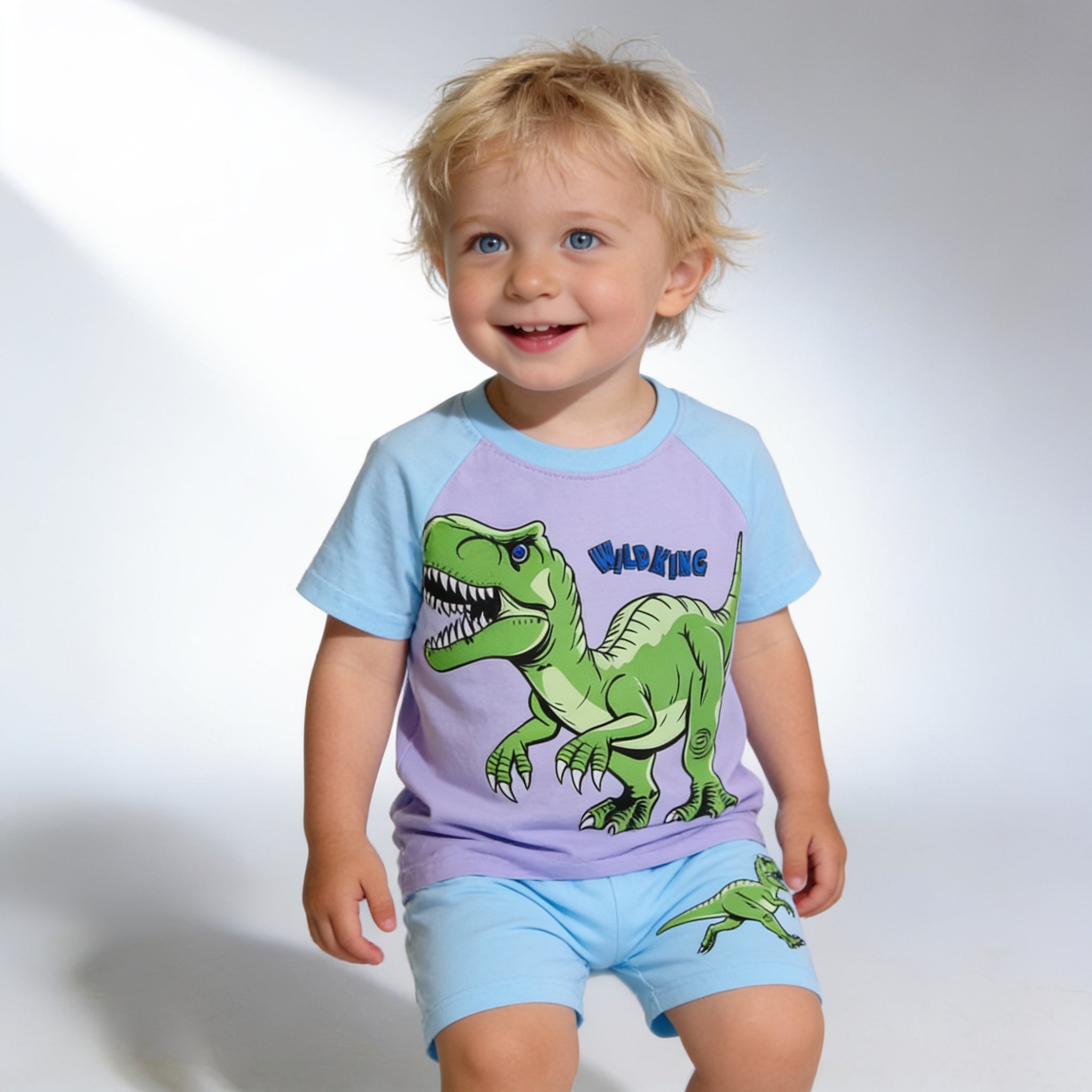 Ensemble pyjama court - vert dinosaure - porte par un enfant - Candy Bebe