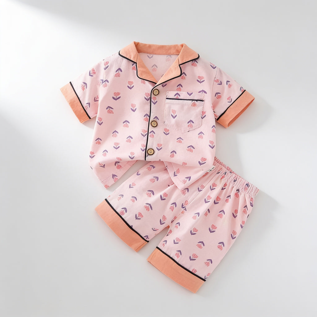 Pyjama boutonne court - blanc et rose - vue produit - Candy Bebe