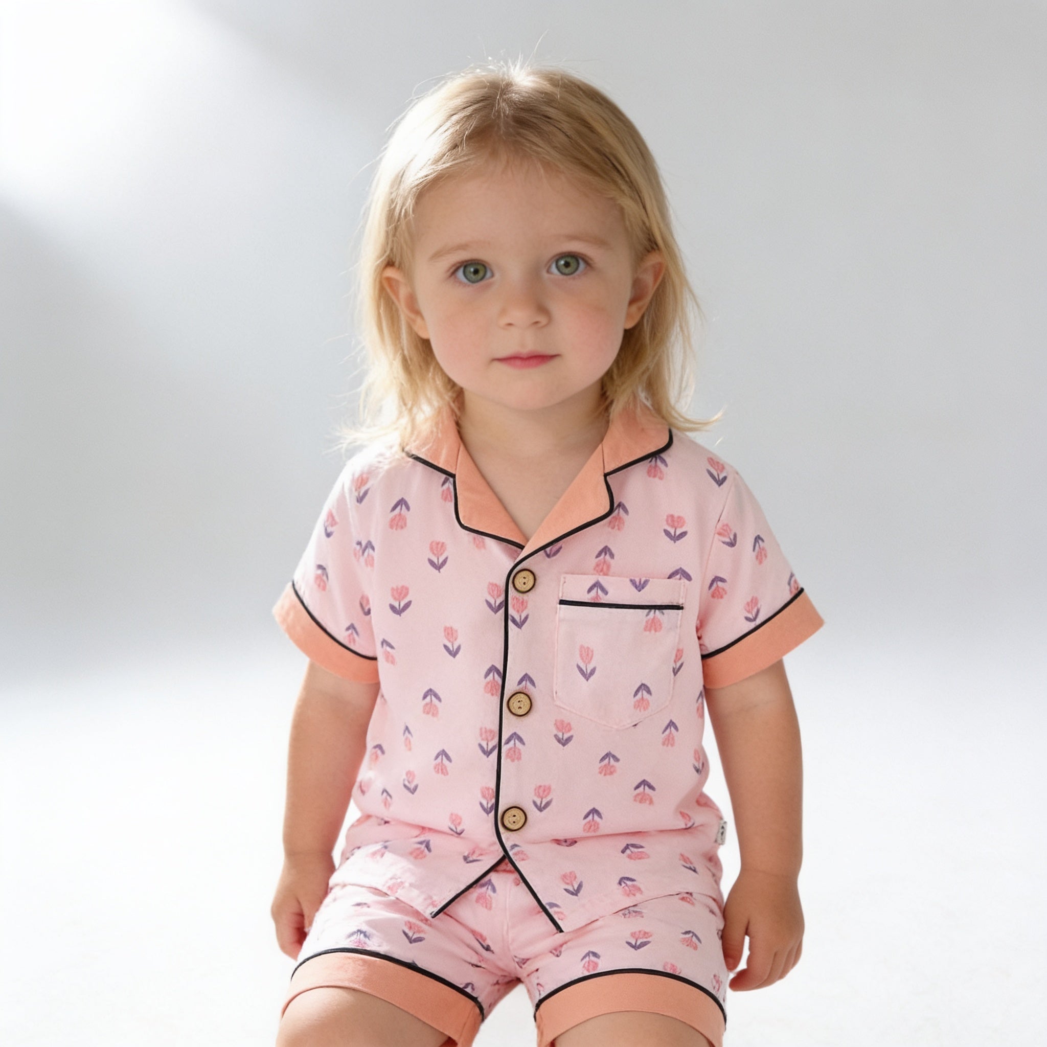 Pyjama boutonne court - blanc et rose - porte par un enfant - Candy Bebe