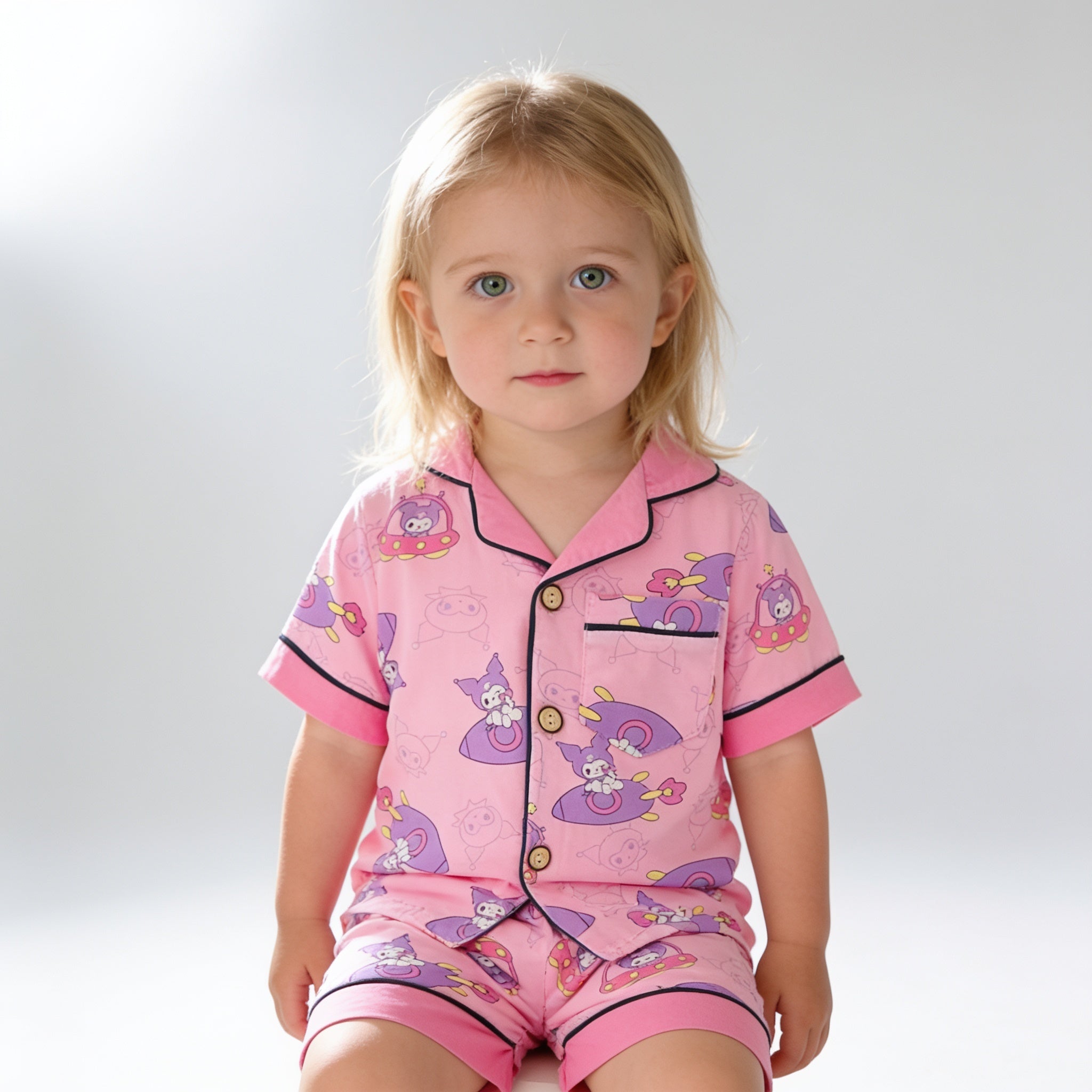 Pyjama boutonne court - rose poney - porte par un enfant - Candy Bebe