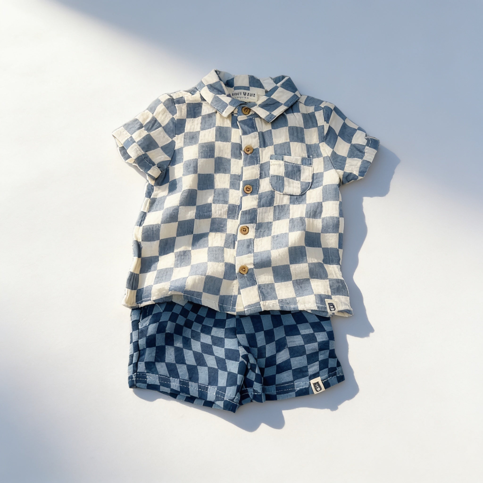 Ensemble chemise damier et short - bleu - vue produit - Candy Bebe