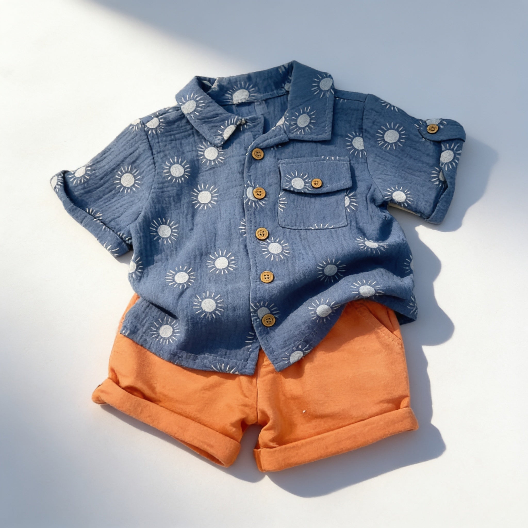 Ensemble chemise soleils et short - orange - vue produit - Candy Bebe